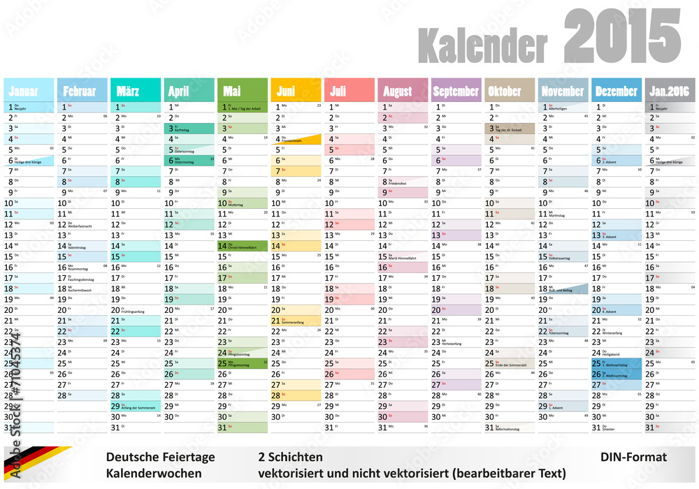 Kalender 2015 deutsche Feiertage Kalenderwochen DIN-Format Stock Vector |  Adobe Stock