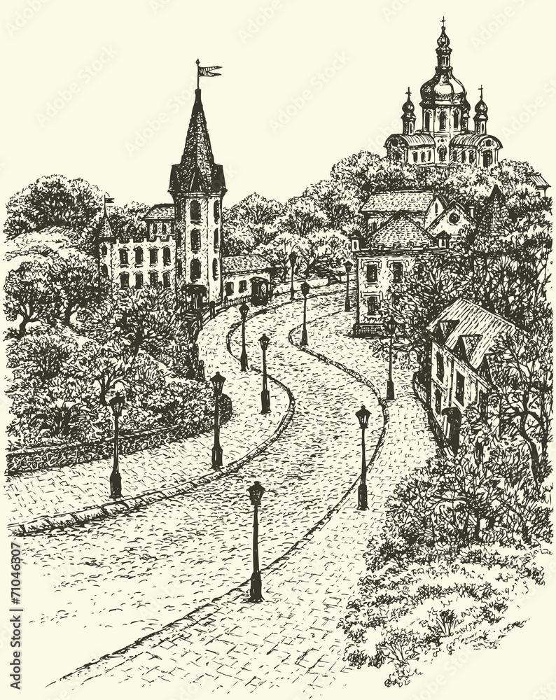 Vector cityscape. Church and Castle on Andrew Descent in Kiev