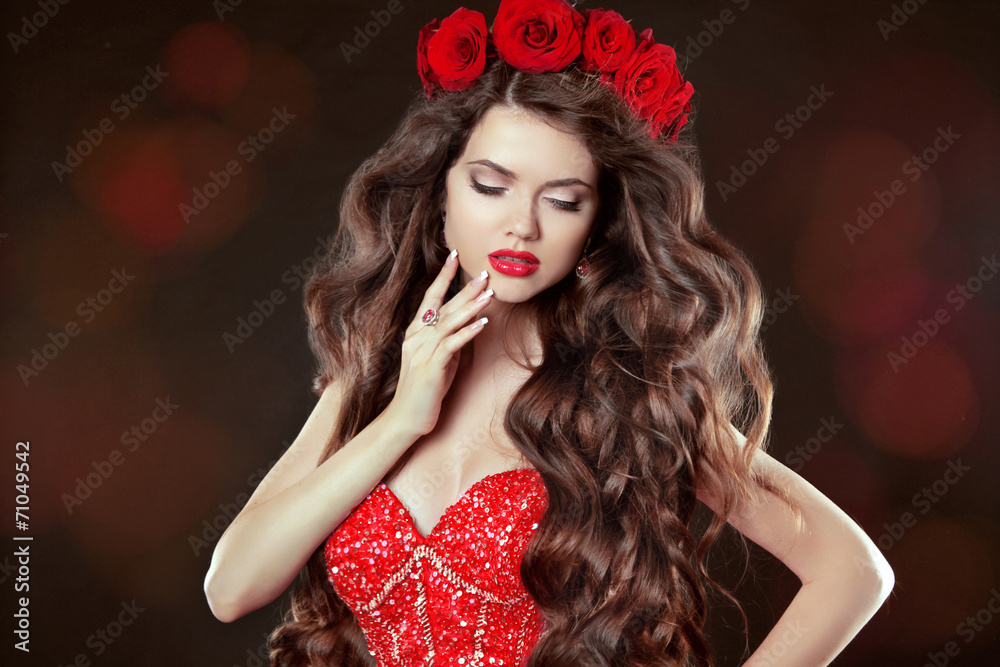 Long wavy Hair. Makeup. Beautiful Woman with chaplet of roses. B Long wavy Hair. Makeup. Beautiful Woman with chaplet of roses. B