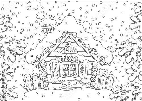 Small log hut in snow on Christmas