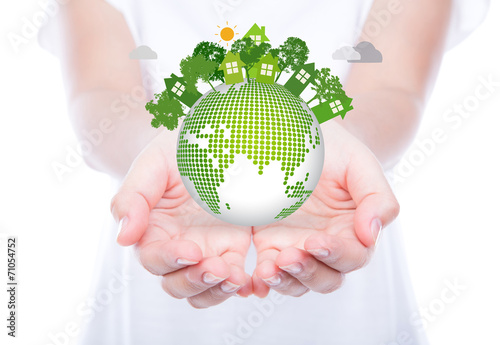 Fototapeta Naklejka Na Ścianę i Meble -  Woman hands over body hold eco friendly earth