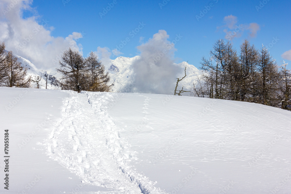 Tracce su neve in montagna