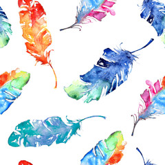 Papier peint photo Plumes aquarelles patrons Plumes aquarelle composition douce naturelle  © Annykos