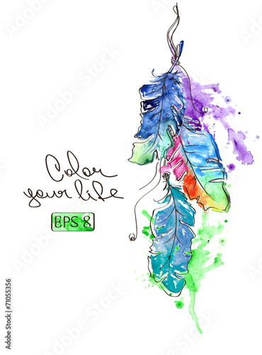 Illustration with watercolor feathers