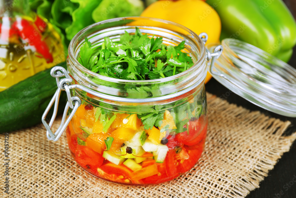 Vegetable salad in glass jar, Vegetable salad in glass jar,