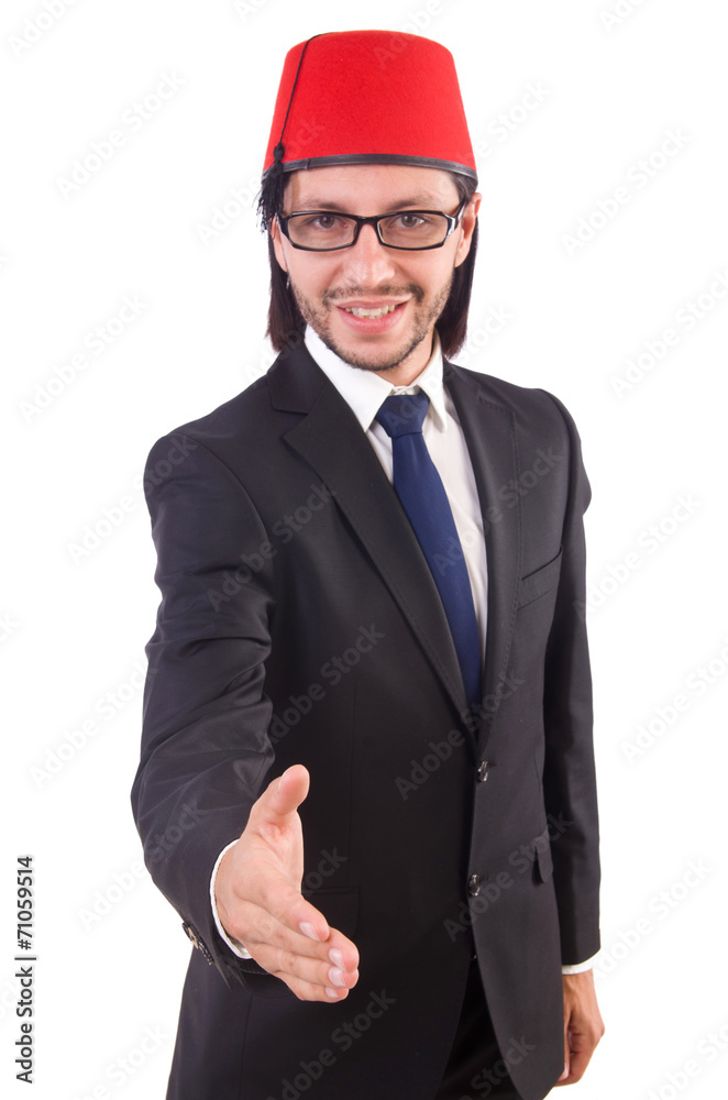 Businessman wearing fez hat isolated on white Businessman wearing fez hat isolated on white