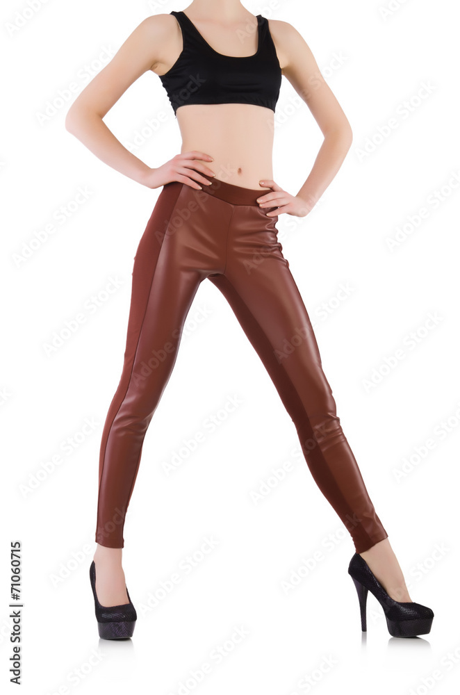 Woman legs wearing long stockings isolated on white
