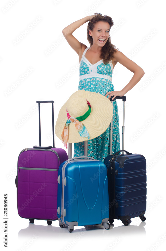 Woman traveller with suitcase isolated on white Woman traveller with suitcase isolated on white
