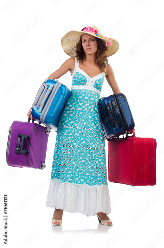 Woman traveller with suitcase isolated on white Woman traveller with suitcase isolated on white
