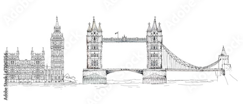 Sketch of famous buildings. London, Tower bridge Big Ben