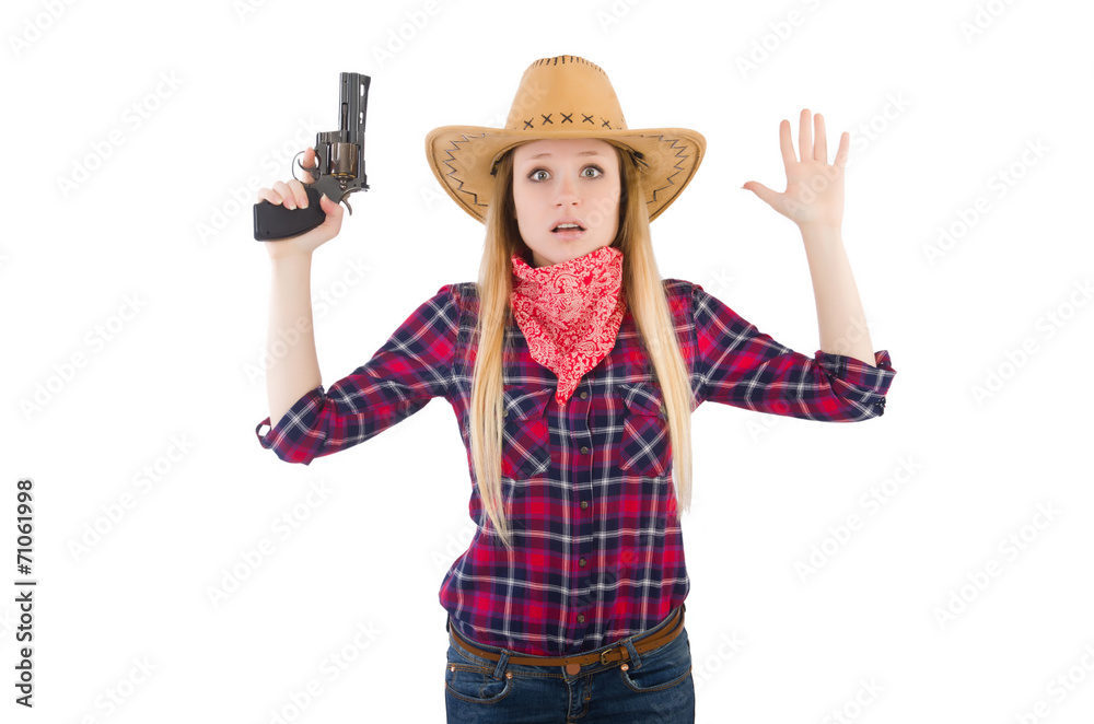 Cowgirl woman with gun isolated on white Cowgirl woman with gun isolated on white