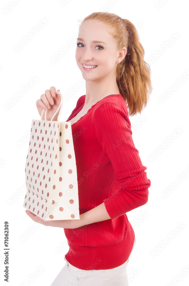 Young woman after shopping isolated on the white Young woman after shopping isolated on the white