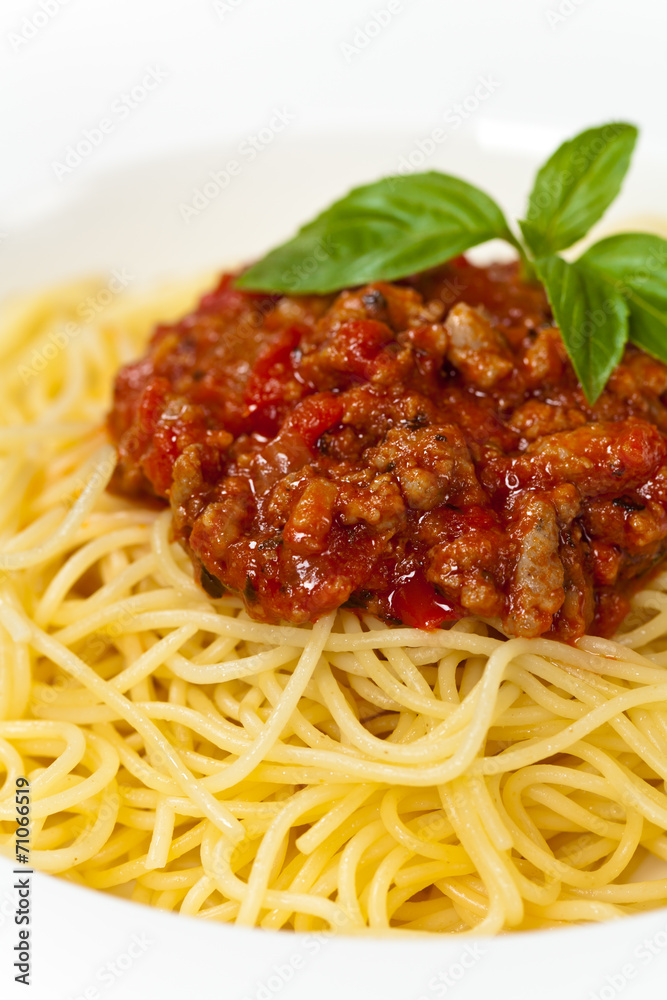 Italian food. Pasta spaghetti with meat tomato sauce