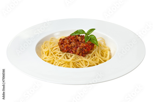 Pasta with Bolognese Sauce and Basil isolated