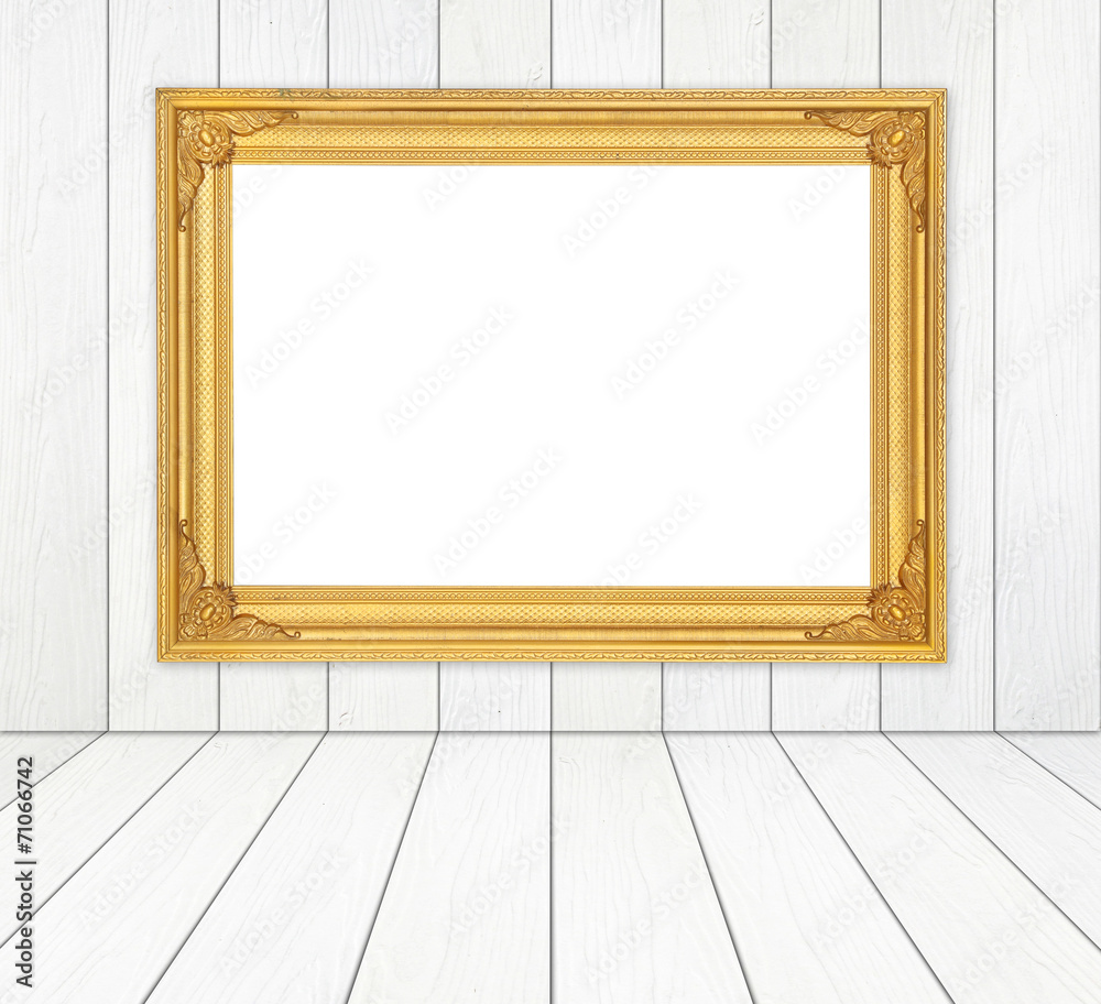 blank golden frame in room with white wood wall and wood floor blank golden frame in room with white wood wall and wood floor