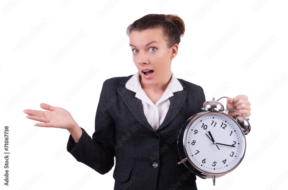 Businesswoman with clock missing her deadlines Businesswoman with clock missing her deadlines
