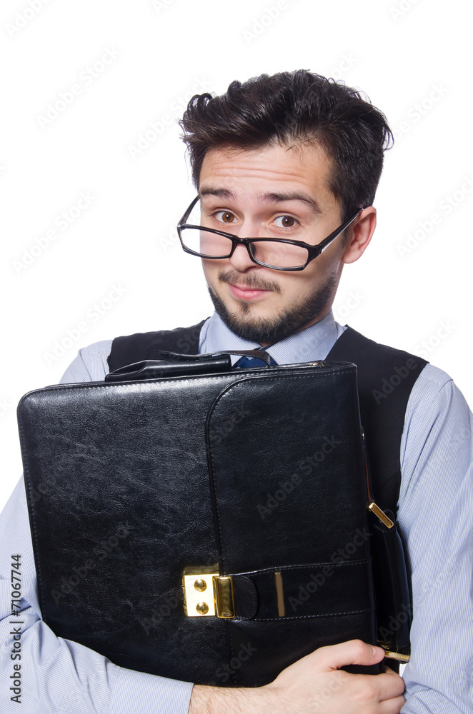 Funny businessman with briefcase isolated on white Funny businessman with briefcase isolated on white