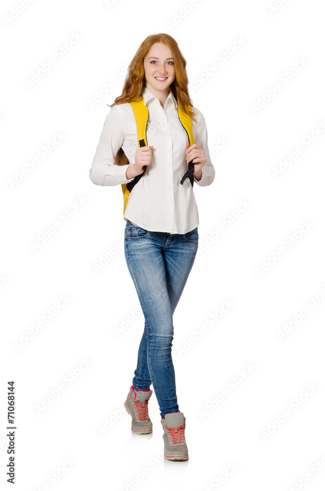 Woman with backpack isolated on white Woman with backpack isolated on white