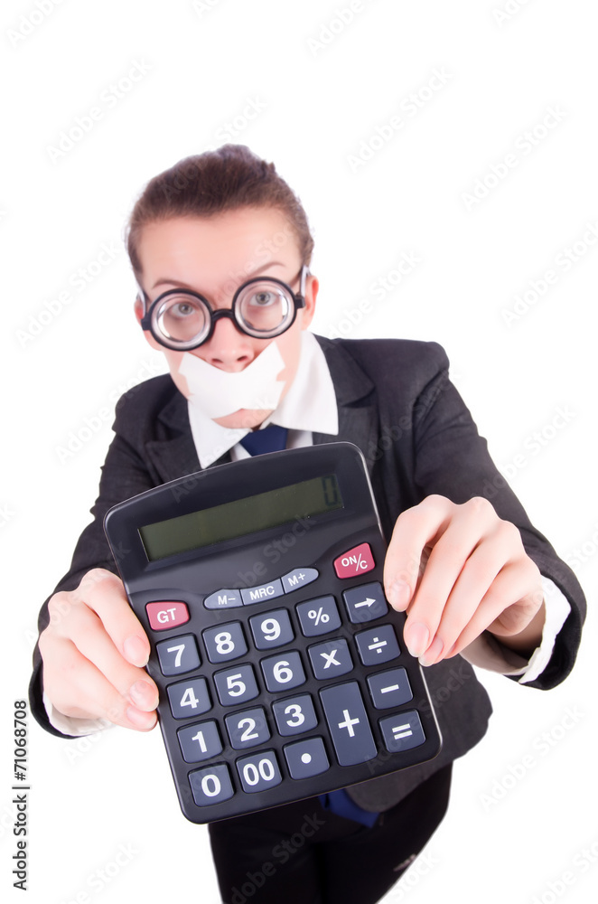 Woman with calculator in fraud concept isolated on white Woman with calculator in fraud concept isolated on white