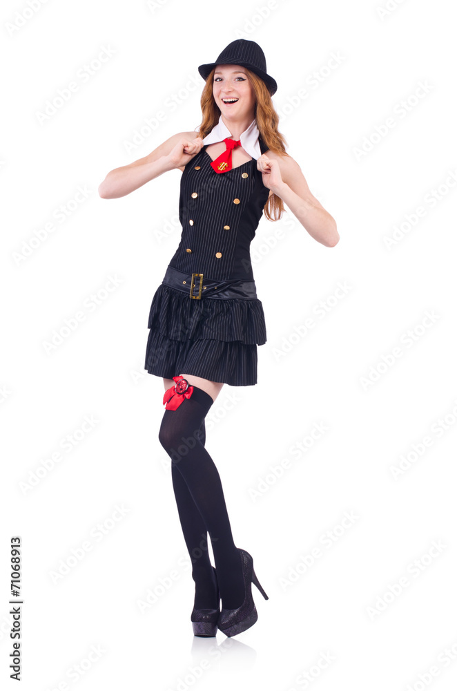 Woman dressed as gangster isolated on white Woman dressed as gangster isolated on white
