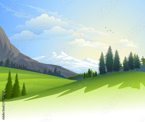 An illustration of lush green fields