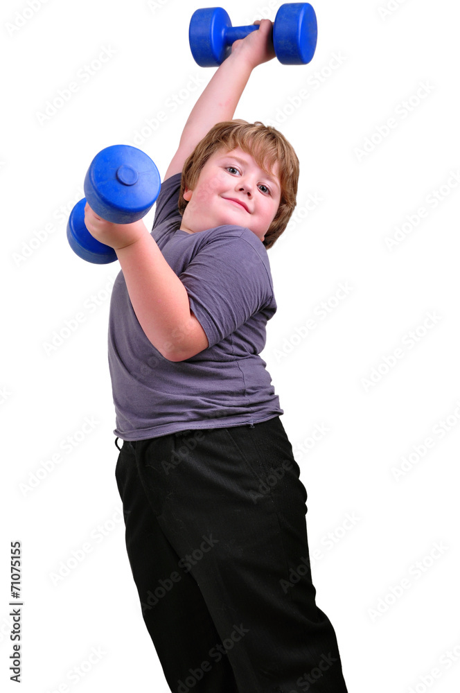 isolated portrait of kid exercising with dumbbells isolated portrait of kid exercising with dumbbells