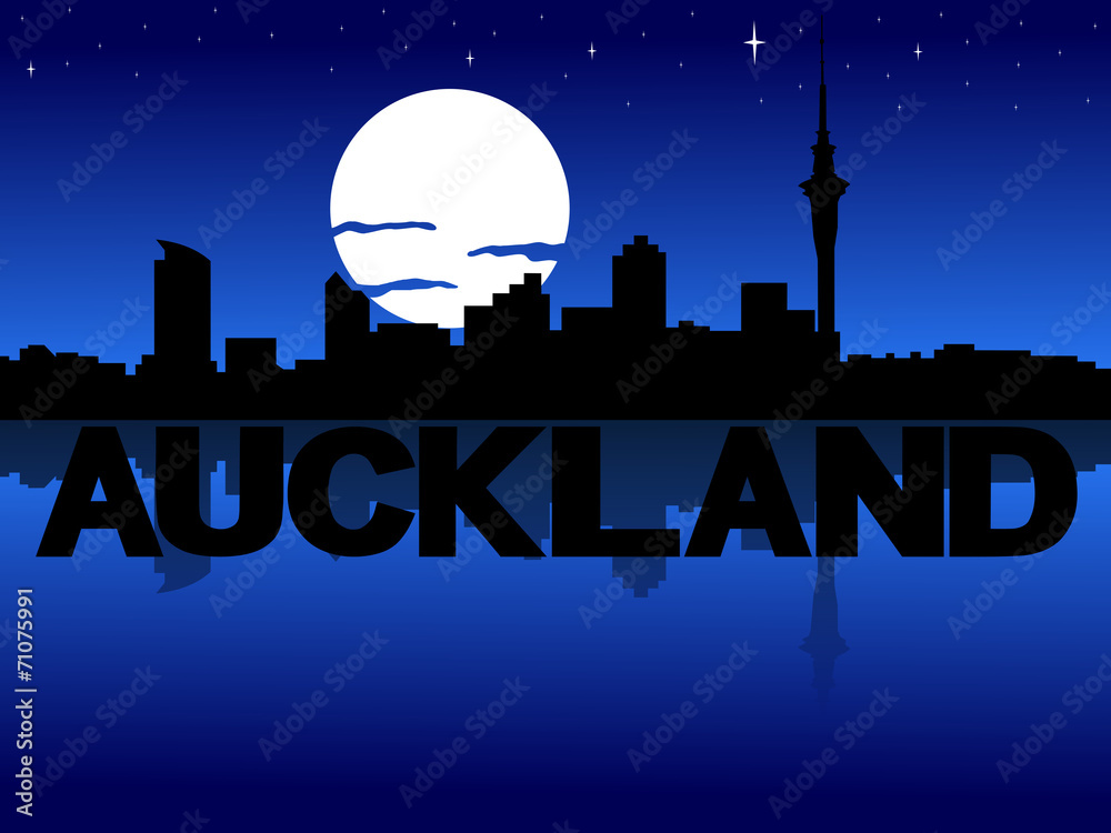 Auckland skyline reflected with text and moon illustration