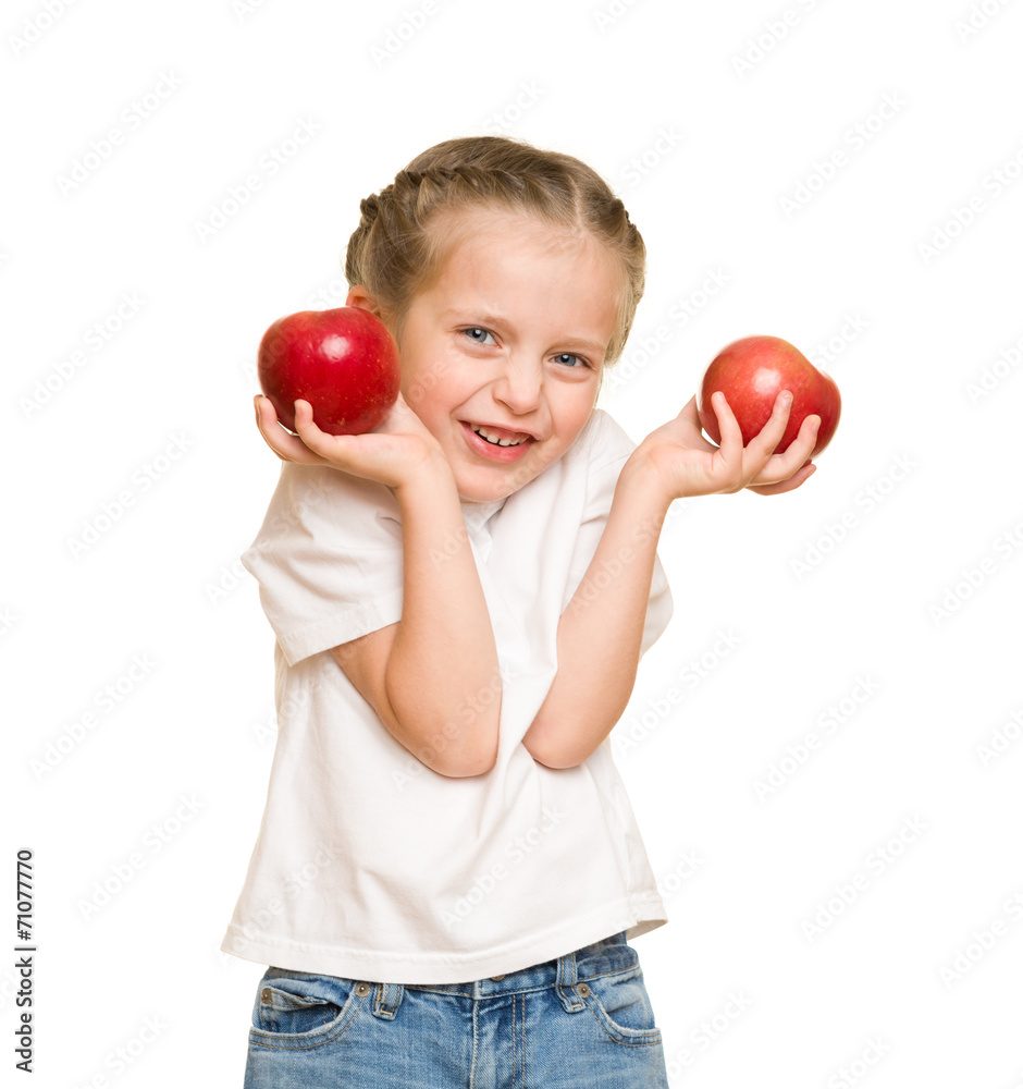 little girl with fruits and vegetables on white little girl with fruits and vegetables on white