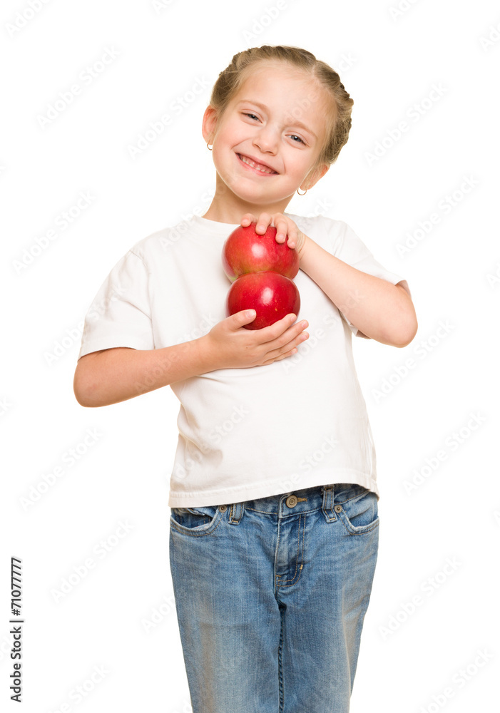 little girl with fruits and vegetables on white little girl with fruits and vegetables on white