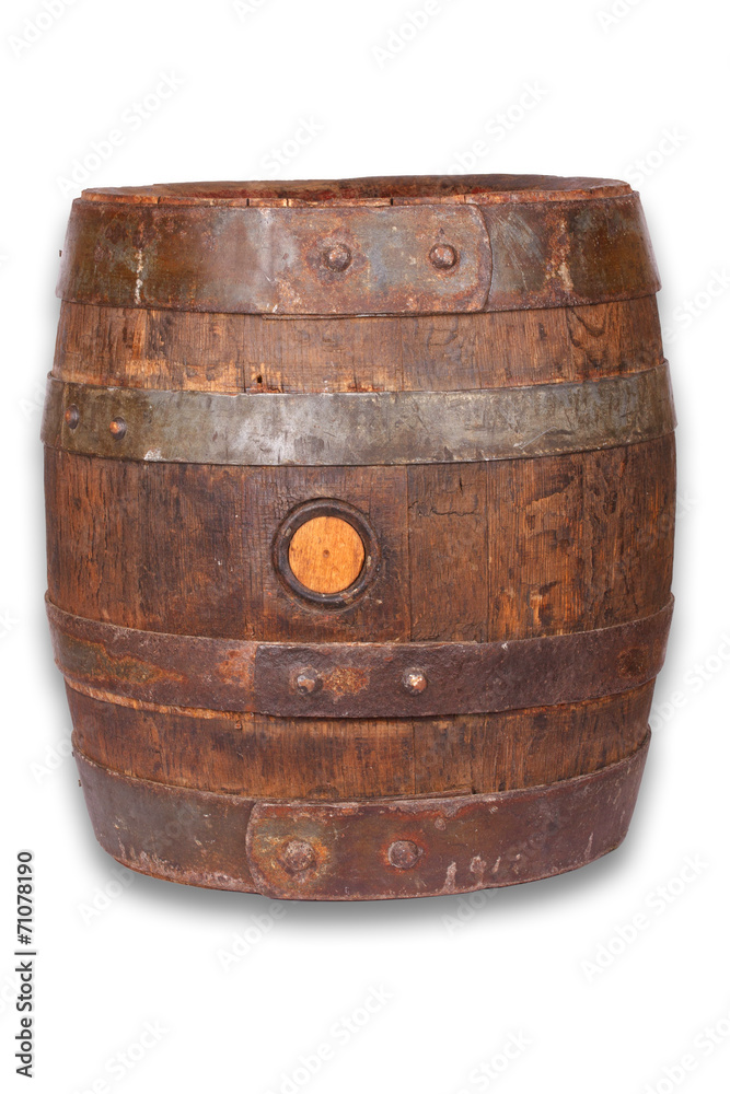 Wooden barrel with iron rings isolated on white background Wooden barrel with iron rings isolated on white background