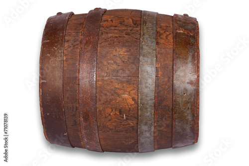 Wooden barrel with iron rings isolated on white background