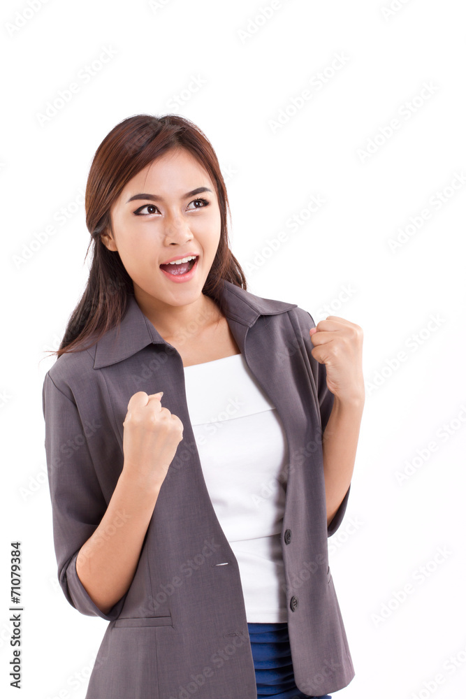 confident, happy, successful business woman looking up confident, happy, successful business woman looking up