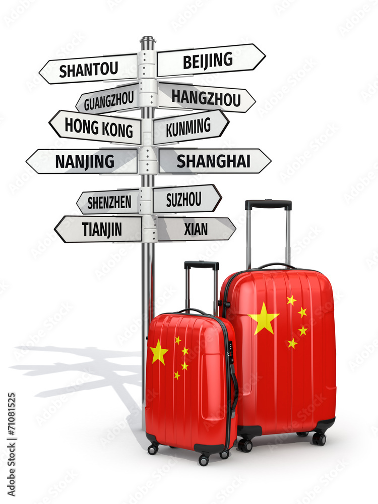 Naklejka premium Travel concept. Suitcases and signpost what to visit in China.