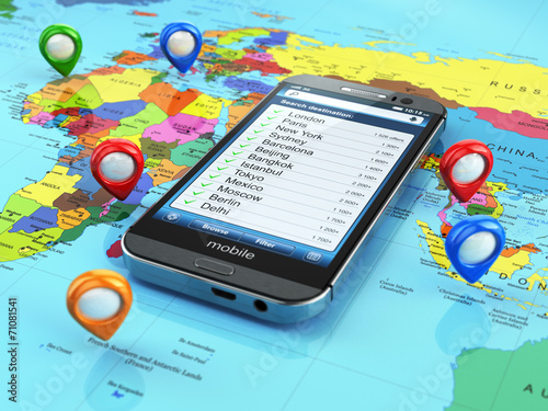 Travel destination and tourism concept. Smartphone on world map