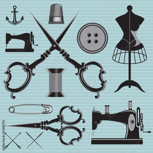 set of items and equipment to topics tailor, clothing, repair