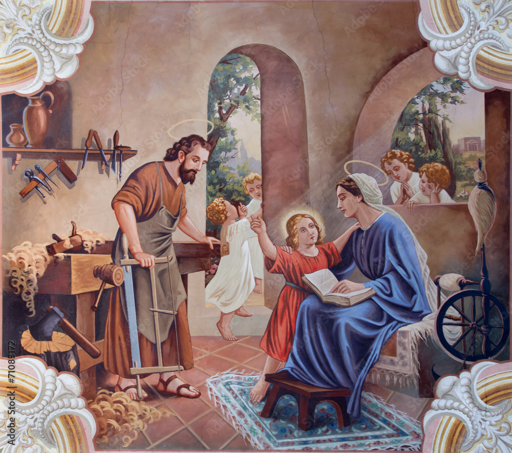The fresco of Holy Family from village church - obrazy, fototapety, plakaty 