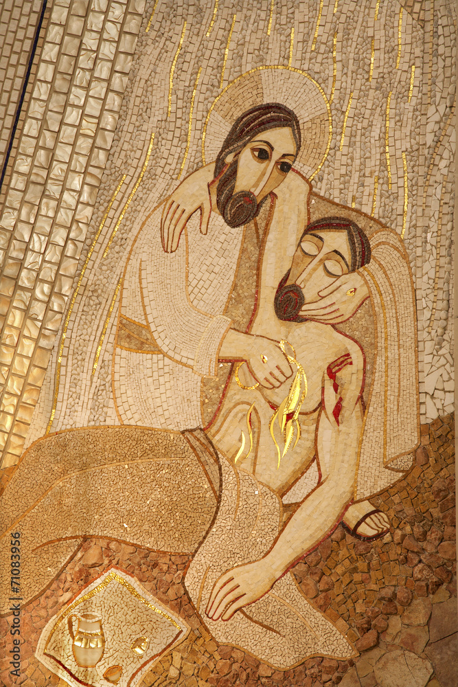 Naklejka premium Madrid - Modern mosiac of Good Samaritan in Almudena cathedral