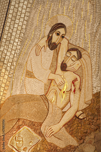 Madrid - Modern mosiac of Good Samaritan in Almudena cathedral