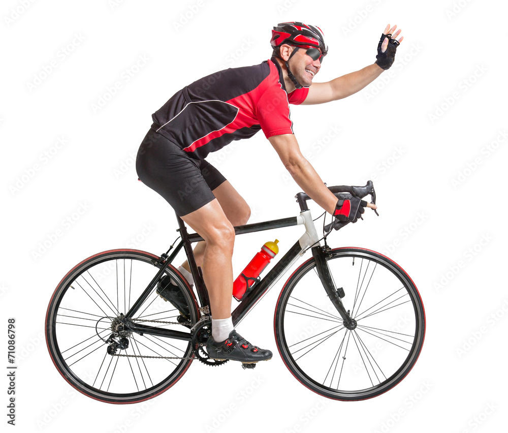 happy cheerful cyclist waving hands happy cheerful cyclist waving hands