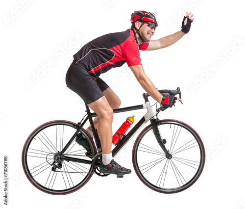 happy cheerful cyclist waving hands