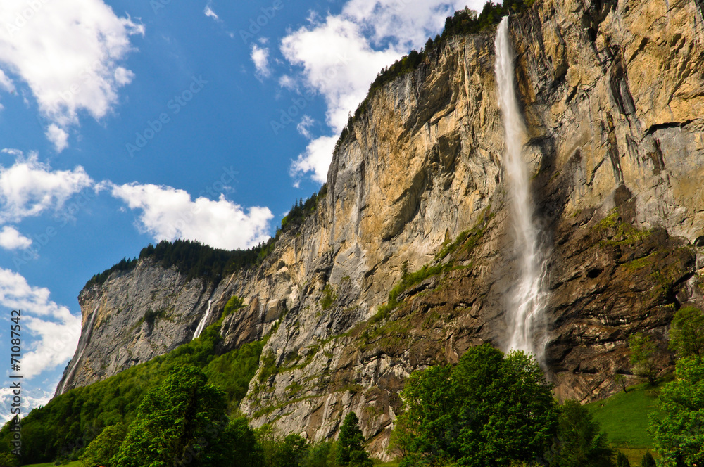 Waterfall Falling from the Cliff in Lauterbrunnen Valley