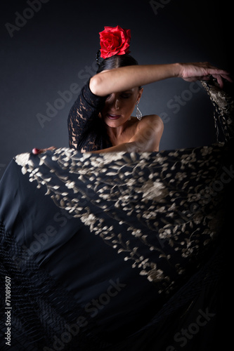 Fotografie, Obraz Mladá tanečnice flamenca v krásné šaty na černém pozadí.