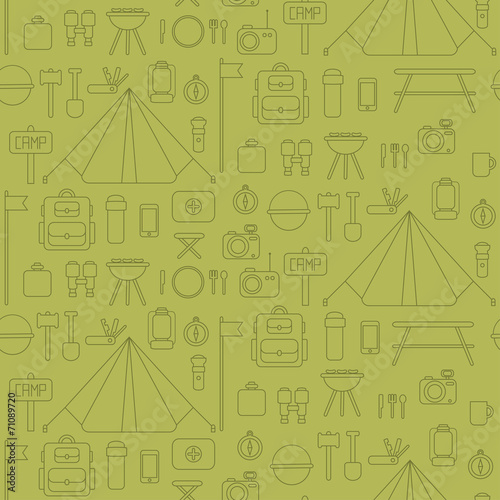 Seamless pattern of flat colorful vector camping equipment
