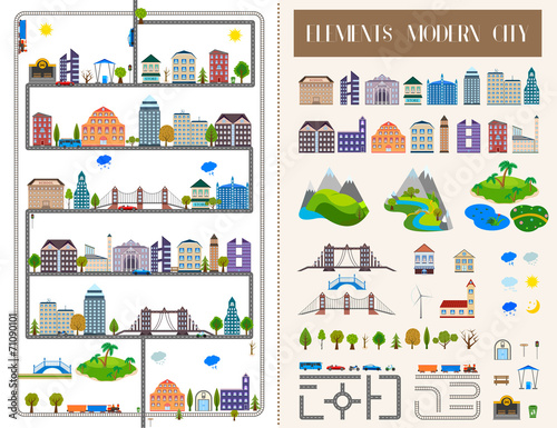 Elements of the modern city or village - stock vector.