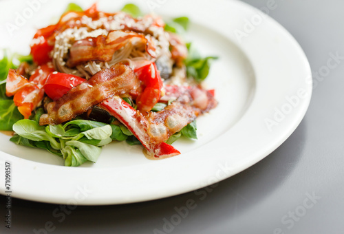 warm salad with noodle and bacon