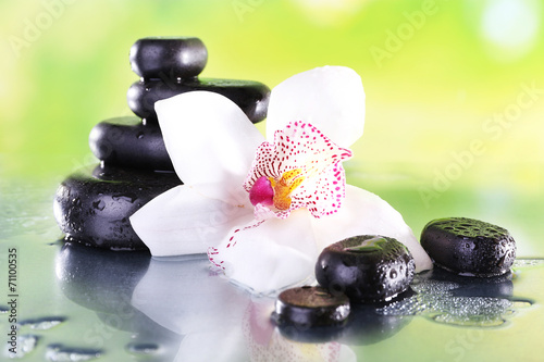 Fototapeta Naklejka Na Ścianę i Meble -  Spa stones and white orchid on table on natural background