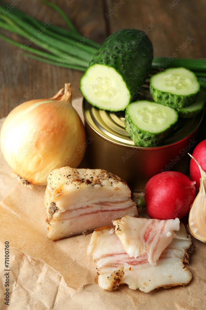 Bacon, fresh vegetables, boiled egg and bread Bacon, fresh vegetables, boiled egg and bread