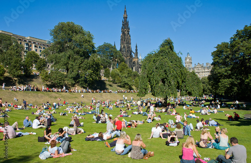 People relaxation at the park in sunny day, Edinburgh Scotland photo