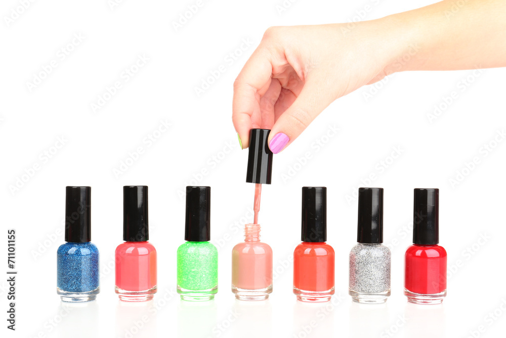 Female hand with stylish colorful nails, isolated on white Female hand with stylish colorful nails, isolated on white