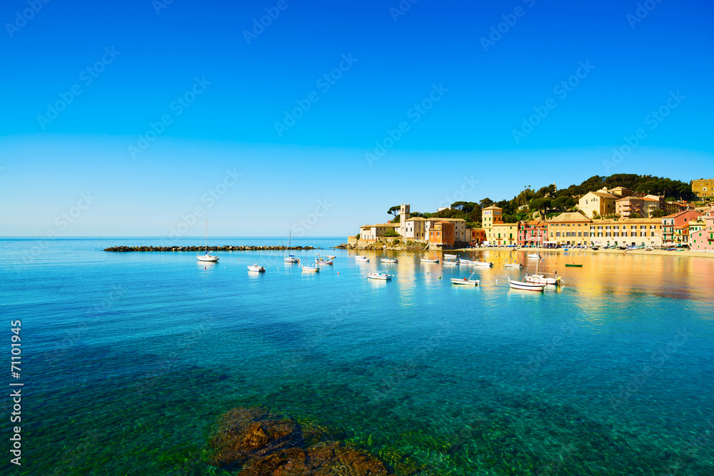 Sestri Levante, silence bay sea and beach view. Liguria, Italy